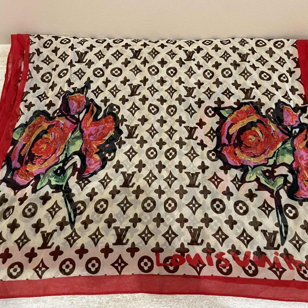 Louis Vuitton Limited Edition Monogram Roses Silk Chiffon Scarf